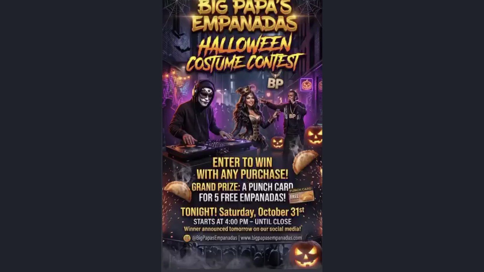 Cover photo for Halloween Costume Contest at Big Papa's Empanadas
